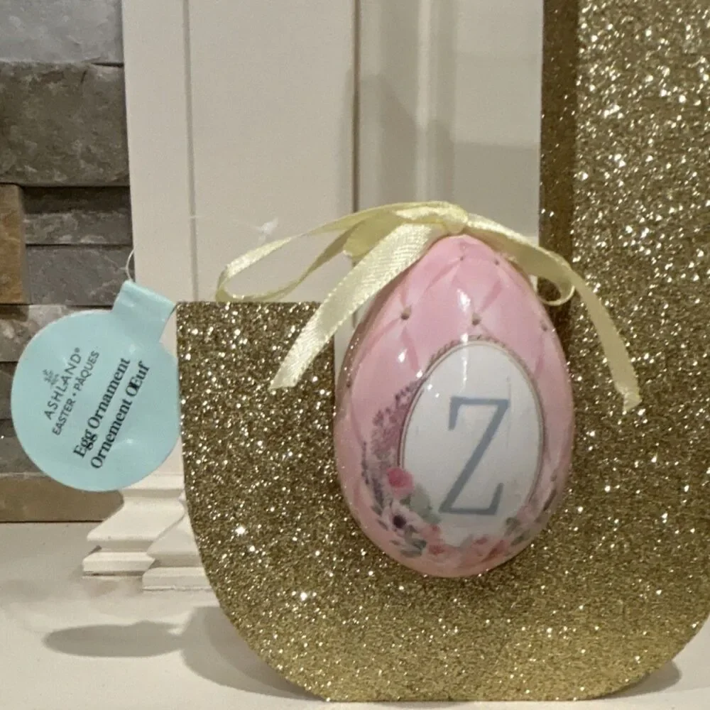 Ashland Egg Ornament Pink White Gold Easter Monogram Z